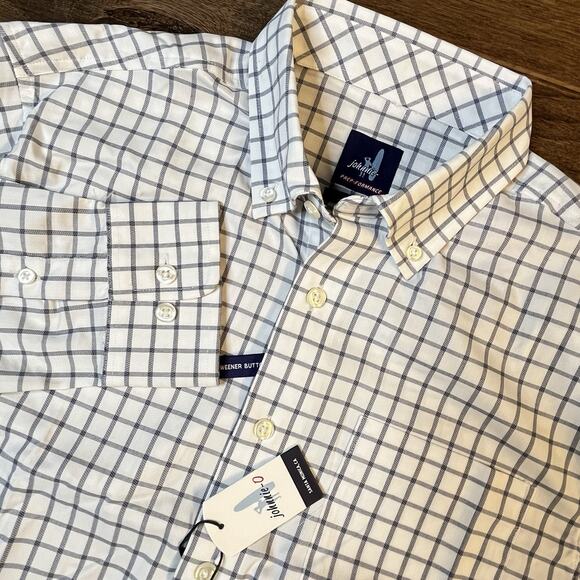 johnnie-O Prep Formance L/S Button Shirt Men’s Small Plaid White Navy NWT $128 - Picture 1 of 7